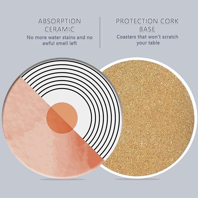 Table Coaster for Drinks Set of 6, Coral Watercolor Series Round Ceramic Coasters,with Cork Base and Metal Holder,Great Housewarming Birthday Gifts,Home Decor