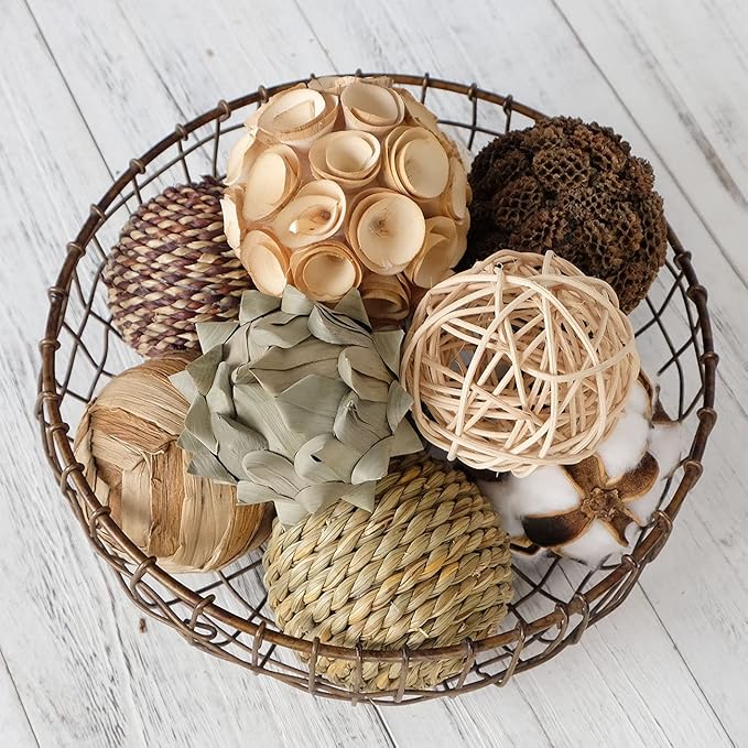 Decorative Balls Spherical Assorted 9pcs Brown White Orbs Rustic Natural Twig Rattan Woven Cotton Balls for Vase Bowl Filler Tabletop Decor Home Party Wedding Display
