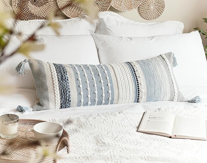 BlissBlush Coastal Blue Decorative Lumbar Pillow Cover 14x36 Boho Long Body Pillow for Bed Farmhouse Lumbar Throw Pillow for Couch Modern Accent Textured Throw Pillowcase