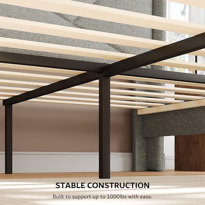 iPormis Full Size Bed Frame with Charging Station, Linen Platform Bed Frame with Wingback Headboard Upholstered Bedframe, Solid Wood Slats Support, No Box Spring Needed, Easy Assembly, Light Grey