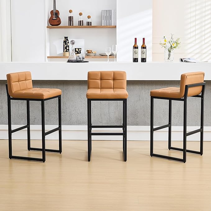 Set of 3 Bar Stools, PU Leather Barstools, 30" Modern High Counter Stools with Back and Thickened Metal Legs, Upholstered Island Chairs for Kitchen Island (Caramel Brown, 3Pcs 30" Bar Stools)
