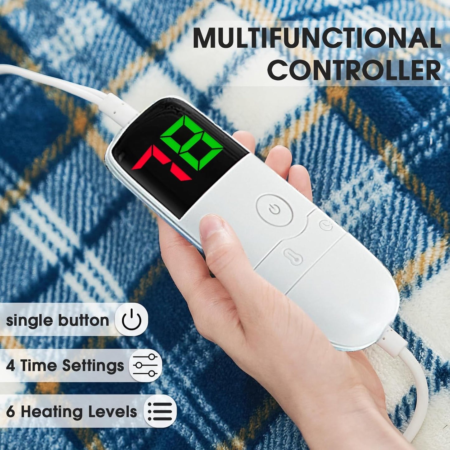 Electric Heated Blanket King Size, 90X100 Heating Blanket King With Dual Control&10 Heats Levels&Timer For Bed,Large Navy Blue Plaid Sherpa Blankets Warmer Gifts for Grandma Women Adults, Washable,ETL