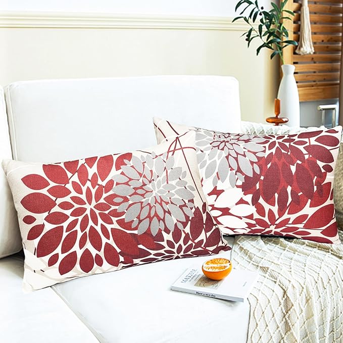 Wine Red Decorative Throw Pillow Covers 12x20 Inch Pillow Covers for Couch Living Room Bedroom Outdoor.Modern Sofa Throw Pillow Cover.Farmhouse Geometric Floral Linen Square Pillow Case.Set of 2