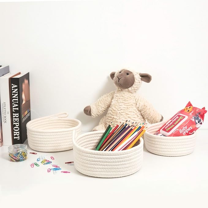 MINTWOOD Design Set of 3 Cotton Rope Nesting Bowls, Small Catch All Basket, Cute Closet Baskets and Bins for Shelves, Mini Table Basket Organizer for Small Accessories