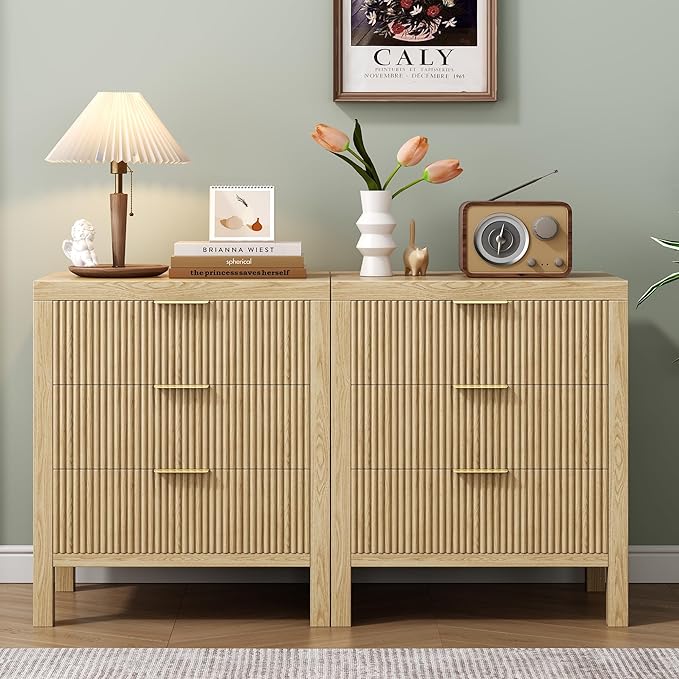 Nightstands Set of 2, Bedside End Table, Modern Wooden Night Stand with 6-Drawer - Boho Cabinet Accent Storage Furniture for Bedroom, Living Room, Nature