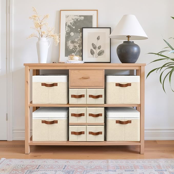 GRANNY SAYS Small Fabric Storage Bins, Storage Baskets for Shelves with PU Handles, Toilet Paper Storage, Mini Baskets for Organizing DVD, Photos, Clothes, Diaper, Sock, Cd, 6-Pack, Ivory