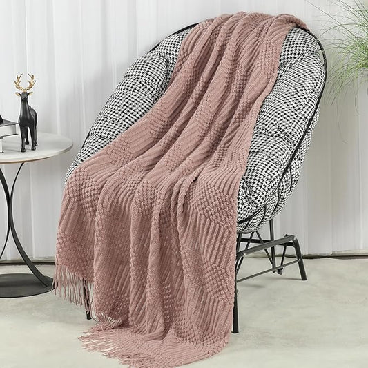 Blagic Knitted Throw Blanket for Couch, Bed and Sofa. Super Soft Blanket with Tassels, Light Pink Warm Throw Blanket, 50 x 60 Inches Lightweight & Cosy Home Decor