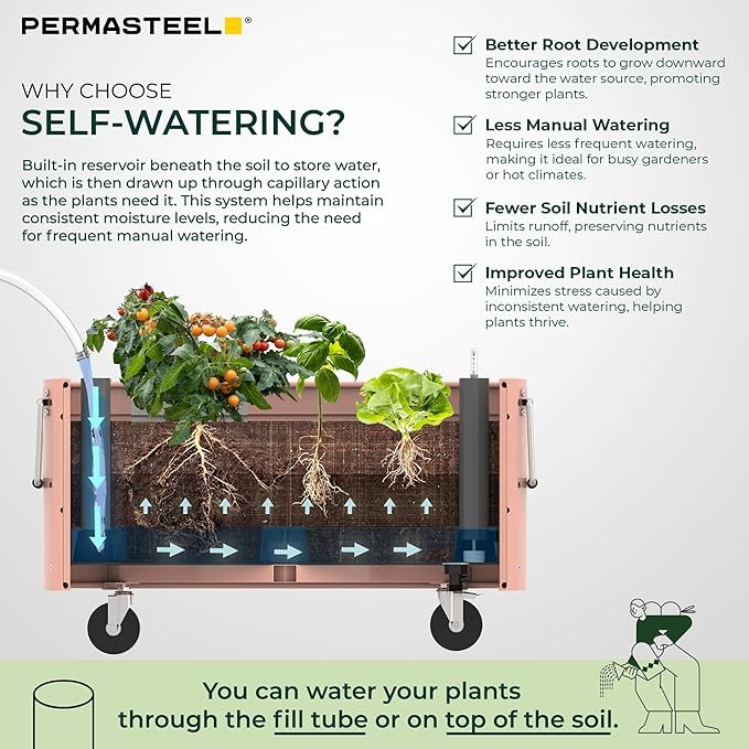 Permasteel Self-Watering Garden Bed, Rolling Planter for Vegetables, Flowers, Herbs, and Fruit, Outdoor Indoor, Caster Wheels, Pink