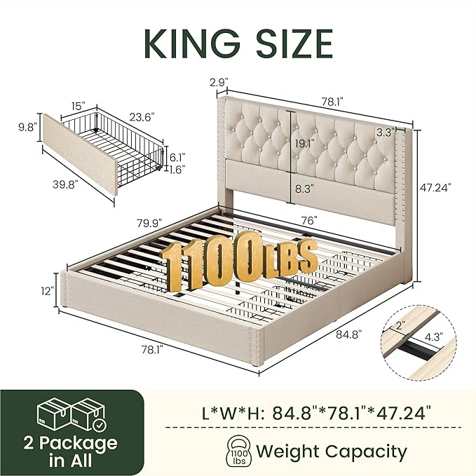LARMACE King Size Bed Frame with 4 Storage Drawers and Tufted Headboard Linen Upholstered Platform Bed Frame with Heavy Duty Wood Slats, No Box Spring Needed, Easy Assembly, Beige