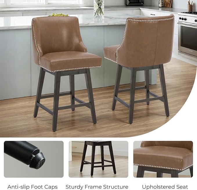 CHITA Counter Height Swivel Bar Stools Set of 2, FSC Certified Upholstered Counter Stools, Modern Swivel Barstools with Wood Legs for Kitchen Island, 26" Seat Height, Faux Leather in Saddle Brown