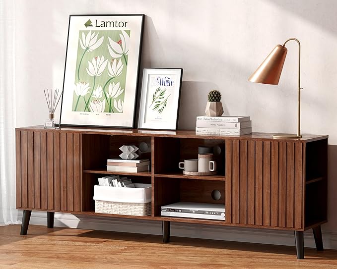 Mid-Century Modern TV-Stand - Fluted TV Stand for 80 75 65Inch TV, Entertainment Center with Storage, Media Console with Adjustable Shelves for Living Room, Walnut
