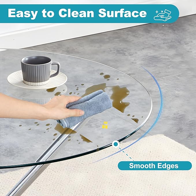 Kitchen Table for 2 Modern 36.6" Round Glass Table Small Tables with Trestle Metal Leg for Living Room and Apartment, Silver