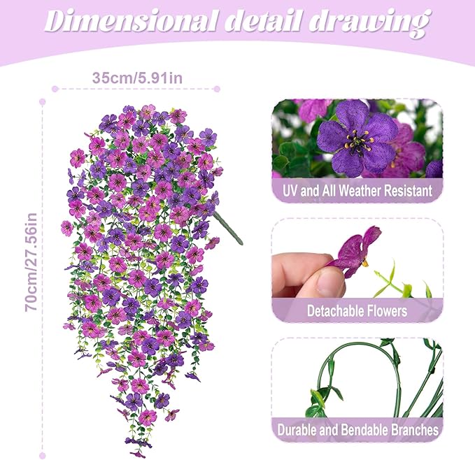 Artificial Fake Hanging Plants Flowers for Spring Outdoor Outside Decor, Faux Mums Silk Realistic Flower, 2 Pcs UV Resistant Look Real Plastic Decorations for Porch Home Patio Balcony Yard