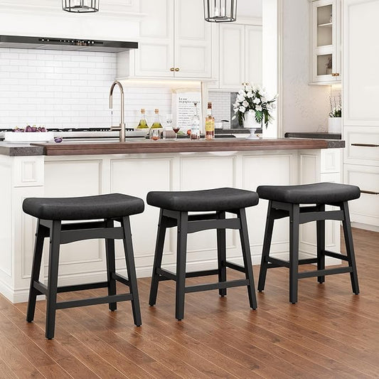 PHI VILLA Counter Height Bar Stools Set of 3 - Farmhouse Barstools with Upholstered Saddle Seat and Solid Wood Legs, Kitchen Counter Island Stools
