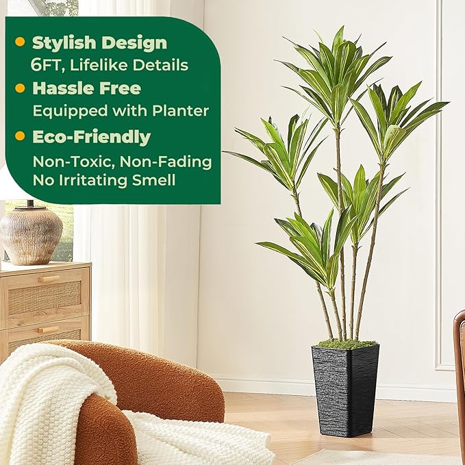 6FT Artificial Dracaena Tree with Black Planter - Real Touch Fake Plant for Home & Office Decor, Faux Yucca Indoor Floor Tree
