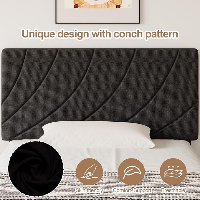 HOMBCK Twin Size Bed Frames, Black Twin Bed Frame with Linen Fabric Upholstered Headboard and Wooden Slats Support,Adjustable Headboard, No Box Spring Needed, Noise-Free, Easy Assembly, Black