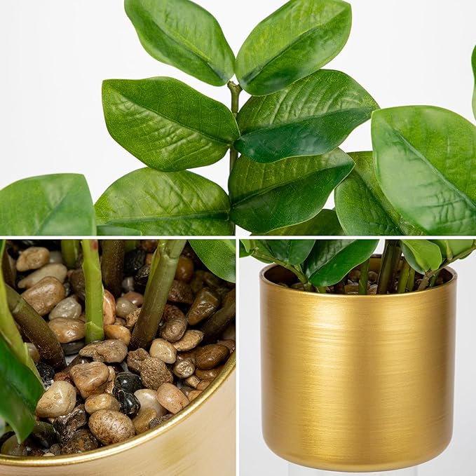 Briful Faux Plants Indoor Artificial ZZ Plant with Gold Pot 15.7in Medium Size Silk Plants Fake Tropical Plants for Home Office Room Kitchen Table Shelf Decoration