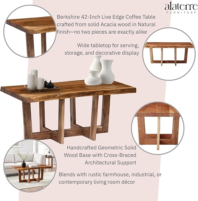 Berkshire 42-Inch Live Edge Coffee Table – Handcrafted Solid Acacia Wood in Minimalist Design and Natural Finish with Cross-Braced Wood Legs and Floor Protectors – Modern Living Room Furniture