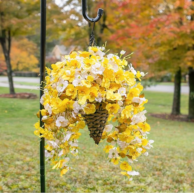 Artificial Fake Fall Hanging Flowers Plants Baskets for Outdoor Decoration, 5Pcs Faux Silk Hibiscus Long Vines in Planter UV Resistant Realistic Flower for Outside Home Porch Patio Garden