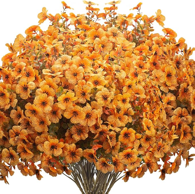 16 Bundles Artificial Fall Flowers UV Resistant Faux Greenery, All Weather Outdoor Autumn Decor for Thanksgiving Christmas Wedding Home Garden Fireplace Party Décor (Fall Orange Yellow)