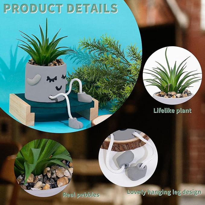 Cute Artificial Succulents Plants in Cement Pots with Hanging Legs - Small Fakeplants Kitchen Shelves Decor, Bathroom Shelf Decoration, Shelf Decoration Accents, Office Wall Decor - Set of 1