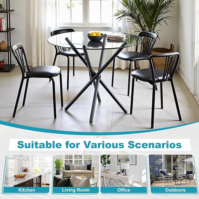 Kitchen Table for 2 Modern 36.6" Round Glass Table Small Tables with Trestle Metal Leg for Living Room and Apartment, Black