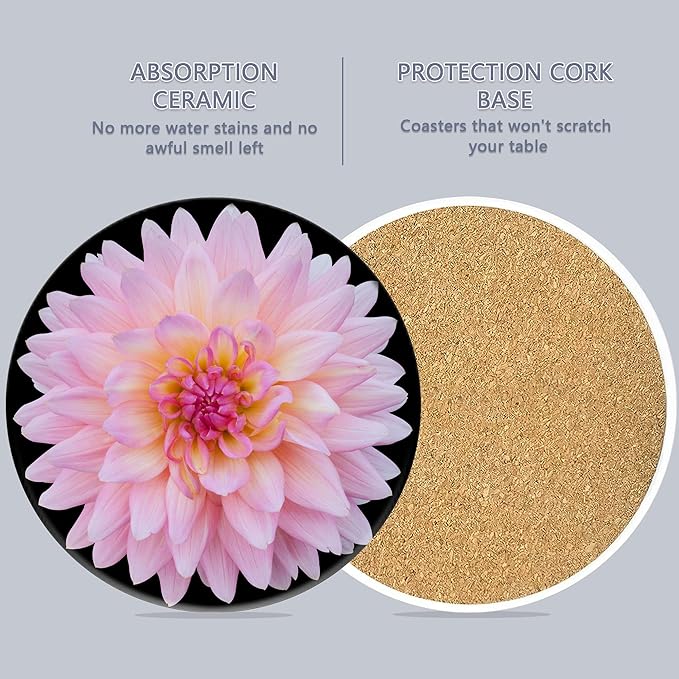 Drink Coasters Set of 6 with Holder, Sunflower Rose Flower Absorbent Ceramic Coasters with Cork Base,Fit All Cups,Great Gift for Housewarming,Room Decor,Bar,Holiday Party