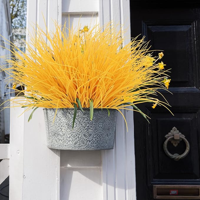 RECUTMS Artificial Grasses Outdoor Plants Tall Grass Spring Fake Grass Plant Plastic Artificial Shrubs for Planters Wedding Indoor Outside Garden Porch Home Office Window Box Decor(Pure Yellow)