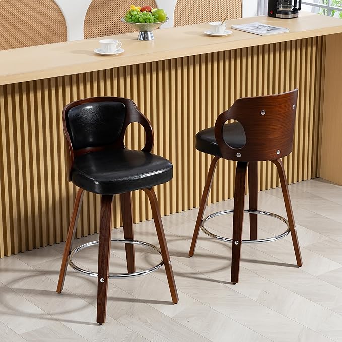 ECOTOUGE Swivel Bar Stools Set of 2, Walnut Faux Leather Counter Height Barstools with Bentwood Back and Footrest, for Dining Room, Kitchen Island and Pub, Black