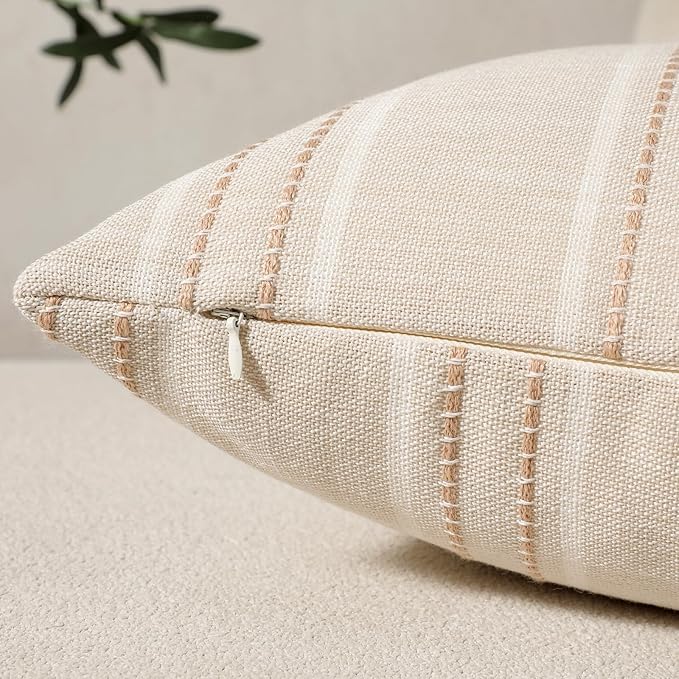 Hckot Hand Made Throw Pillow Covers 22x22 Set of 2 Striped Pillow Covers Linen Decorative Pillows Square Cushion Covers for Sofa Couch Bed Living Room Farmhouse Decor, Khaki