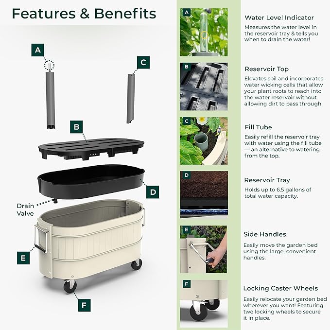 Permasteel Self-Watering Garden Bed, Rolling Planter for Vegetables, Flowers, Herbs, and Fruit, Outdoor Indoor, Caster Wheels, Ivory