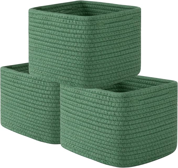 OIAHOMY 9”x9”x7” Storage Cubes, Cotton Rope Woven Baskets for Organizing, Cube Storage Bin, Small Gift Basket for Shelf, 3-Pack, Green