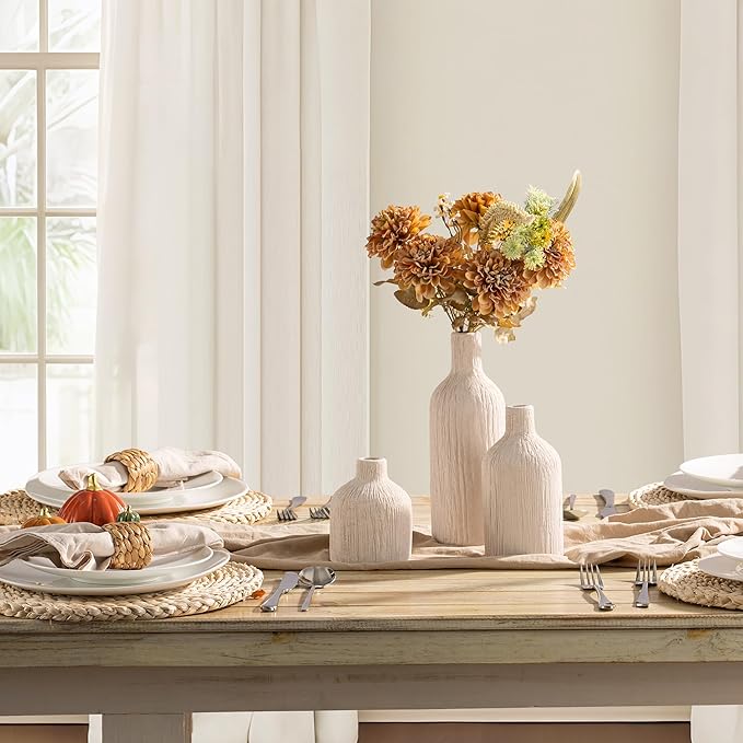 Ceramic Vase Home Table Decor - White Flower Vase Set of 3 Living Room Kitchen Decorations Farmhouse Modern Rustic Vases Decorative Centerpiece for Shelf Bedroom Office Bathroom Dining Coffee Desk