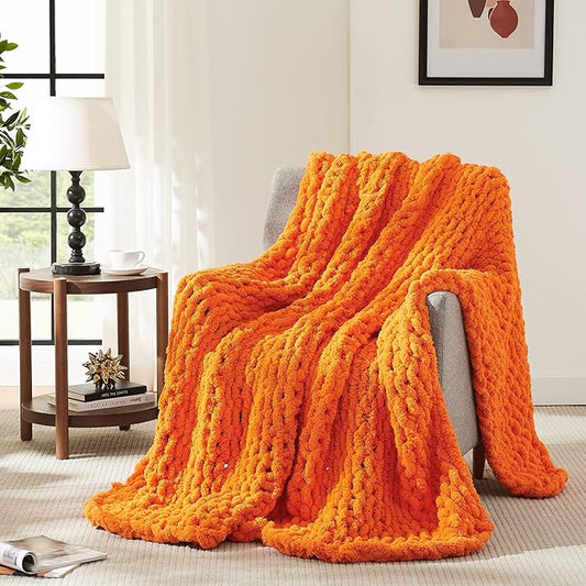 L'AGRATY Chunky Knit Blanket Throw: 50''x60'' Chenille Chunky Knitted Throw Blanket for Bed Couch - Handmade Thick Big Cable Knit Blanket - Large Chunky Crochet Rope Blanket for Home Decor(Orange)