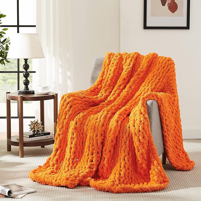L'AGRATY Chunky Knit Blanket Throw: 80''x90'' Chenille Chunky Knitted Throw Blanket for Bed Couch - Handmade Thick Big Cable Knit Blanket - Large Chunky Crochet Rope Blanket for Home Decor(Orange)