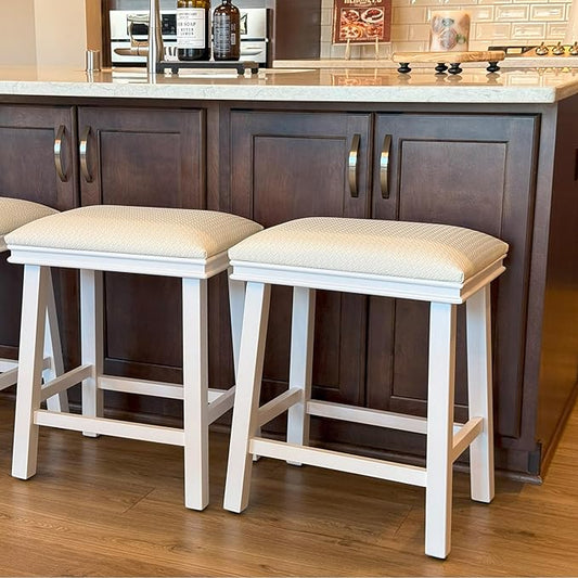 PHI VILLA Bar Stools Set of 2 - Solid Wood Legs Counter Height Barstools with Upholstered Saddle Seat, 24 inch Kitchen Counter Island Stools