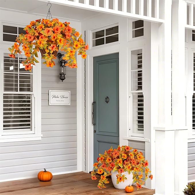 Artificial Fake Fall Flowers with Hanging Basket for Outdoor Fall Decoration, Silk Faux Flowers UV Resistant Fake Plants for Home Porch Patio Garden Window Box Autumn Decor Look Real (Orange)