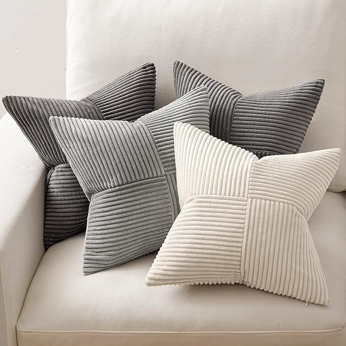 MIULEE Neutral Grey Decorative Throw Pillow Covers 18x18 Inch Set of 4 Modern Farmhouse Corduroy Cushion Cases Striped Patchwork Pillow Cases for Couch Sofa Bedroom Home Decor