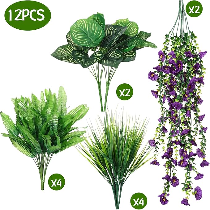 12 Pcs Artificial Greenery for Outdoor UV Resistant Fake Flowers and Greeneries Plastic Hanging Plants for Window Box Spring Summer Garden Patio Porch Yard Decoration(Classic Color)