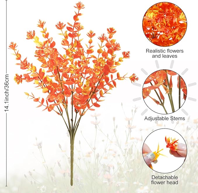 Ouddy Decor 24 Bundles Artificial Fall Flowers for Outdoor Decoration UV Resistant Fake Mums Fall Plastic Flowers Faux Plants for Autumn Indoor Outside Patio Planters Window Home Decor, Orange Yellow