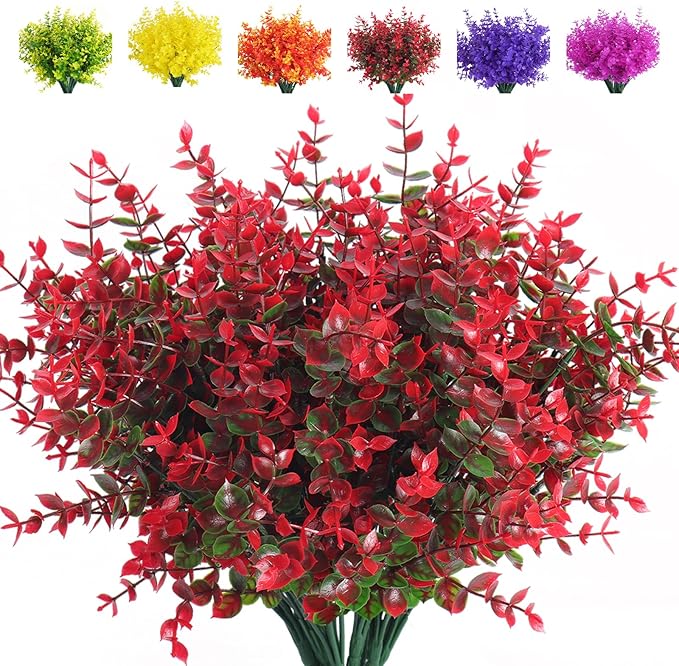 RECUTMS Ferns Artificial Plants Artificial Plants & Greenery Artificial Boxwood Plants Outdoor Uv Resistant Greenery for Outsid Artificial Ferns for Outdoors Eucalyptus Stems for Vase(Red Eucalyptus)