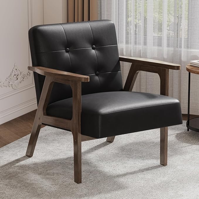 Casaottima PU Leather Accent Chair Mid Century Comfy Cozy Chair with Solid Wood Legs,Modern Arm Reading Chair with Button Tufted Back for Living Room Bedroom (Dark Black)