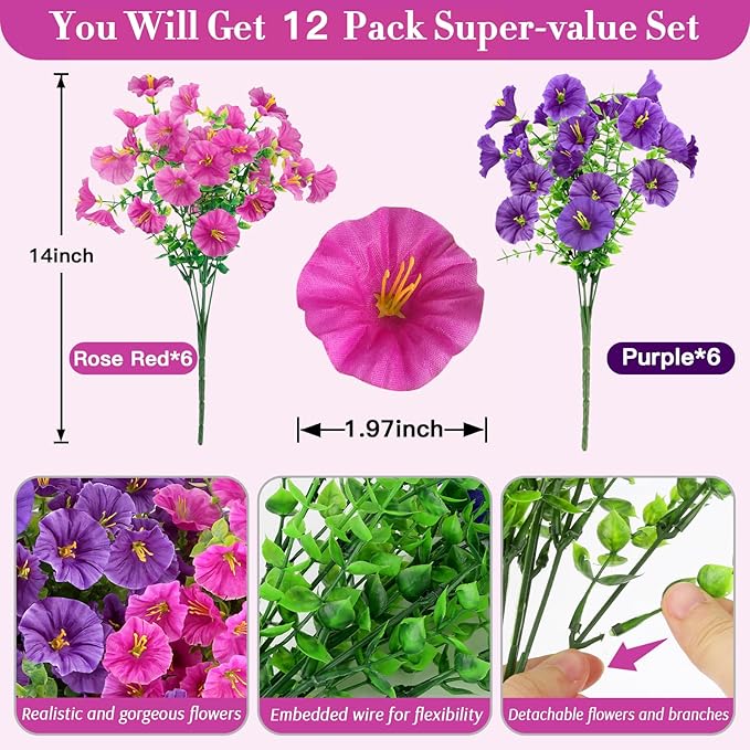 12 Bundles Artificial Flowers for Outdoors Decorations, Fake Flowers Artificial Plants Outdoor, Colorful Morning Glory Realistic UV Resistant for Garden Patio Porch Home Decor (Purple+RoseRed)