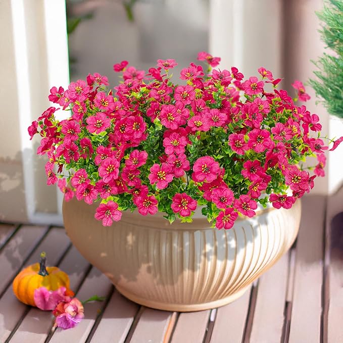 16 Bundles Artificial Flowers Outdoor Spring Summer Decoration Fake Silk Colorful Daisy Eucalyptus Realistic UV Resistant Outside Faux Plants for Garden Porch Window Box Home Decor (Rose Red)