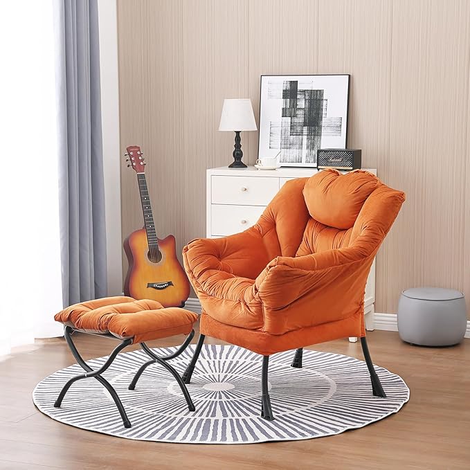 Lazy Chair and Ottoman, Large Accent Lounge Chair with Armrests and a Side Pocket, Modern Leisure Upholstered Sofa Reading Armchair with Footrest for Bedroom, Living Room, Dorm Rooms, Office