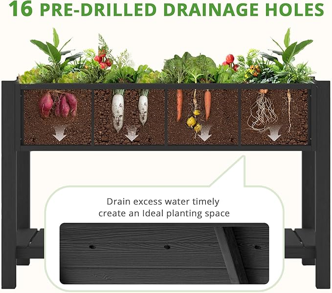 LUE BONA Elevated Planter Box with Legs and Shelf, 47 * 21 * 30in, 8 DIY Pocket HDPS Raised Garden Bed with Tools, 3-Year Warranty, No Crack, Large Outdoor Herb Raised Beds for Gardening Vegetables