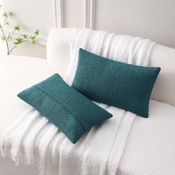 FUTEI Pack of 2 Teal Green Decorative Throw Pillow Covers 12x20 Inch Soft Cozy Solid Boucle Textured Lumbar Pillow Cases,Modern Home Decor for Couch Bed Living Room