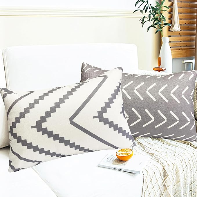 Decorative Throw Pillow Covers Set of 4 Grey Geometric 12x20 Inch Linen Pillow Cases, Farmhouse Outdoor Geometric Pillow Covers for Couch Sofa Living Room