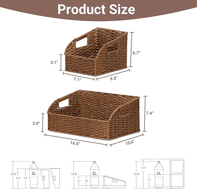 Pantry Organizers, Wicker Storage Baskets for Fruit, Bread, Vegetable, Boho Decorative Basket, Shelf Baskets for Kitchen Counter with Handles, Paper Storage Bins for Shelves, 3 Pack, Brown