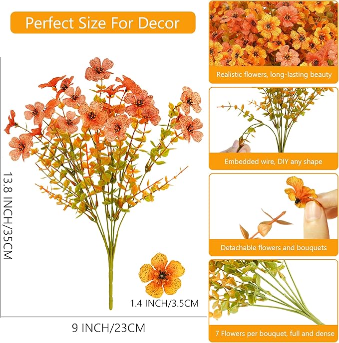 12 Bundles Artificial Flowers Plants for Outdoor Fall Home Decor, Faux Flower Daisy with Eucalyptus Leaves Fake Plants, UV Resistant Artificial Flowers for Garden Porch Patio Decor Orange Yellow